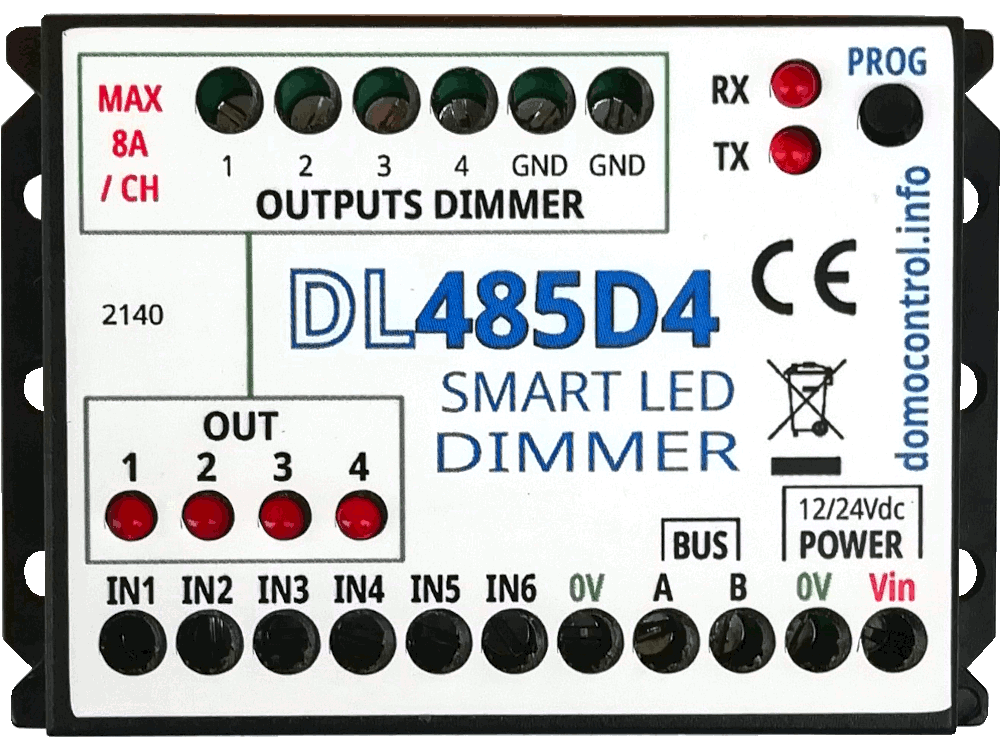 DL485D4 - Dimmer LED a 4 canali 12V/24V 8A/CH + master + tempo massimo ON... con funzionalità avanzate