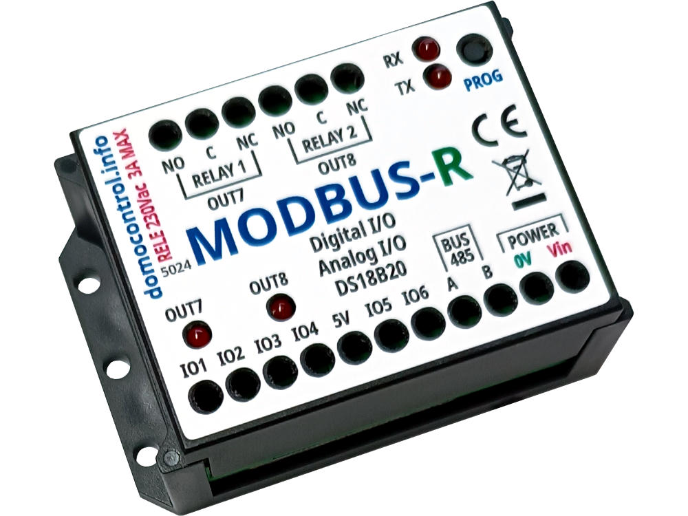 Dispositivo RS485 con protocollo MODBUS con 6 IO + 2 uscite a relè deviatore